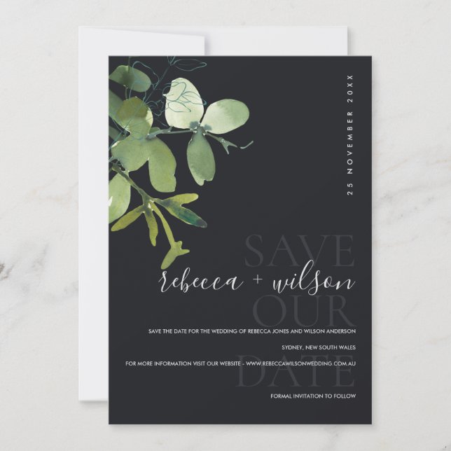 ELEGANT MODERN GREEN NAVY EUCALYPTUS WATERCOLOR SAVE THE DATE (Vorderseite)