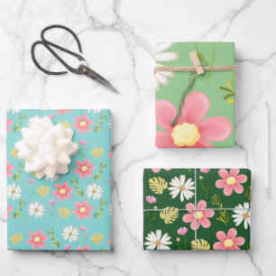 Elegant Modern Green Pink Floral Geschenkpapier Set