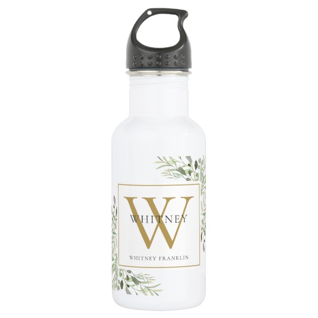 Elegant Modern Greenery Gold Monogram Edelstahlflasche (Vorderseite)