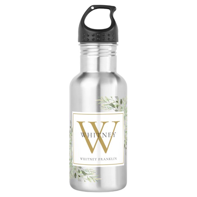 Elegant Modern Greenery Gold Monogram Edelstahlflasche (Vorderseite)