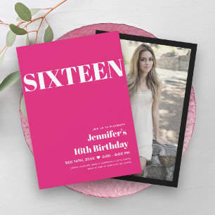 ELEGANT Modern Hot Pink Sweet 16 Typografie Einladung