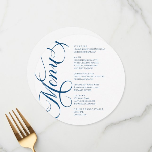 Elegant modern Menu White and Blue Navy (Devant/Arrière en situation)