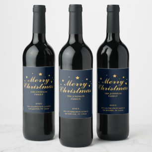 Elegant Modern Navy Blue Gold Frohe Weihnachten Weinetikett