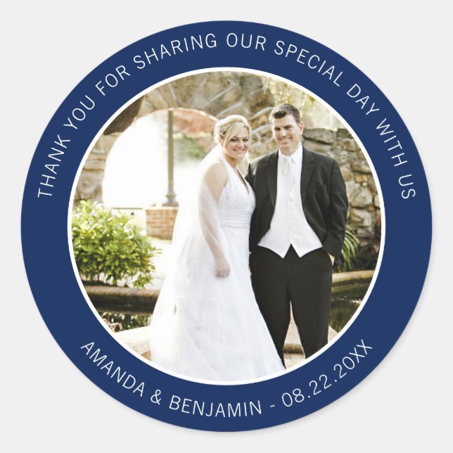 Elegant Modern Navy Blue Wedding Danke Foto Runder Aufkleber (Vorderseite)