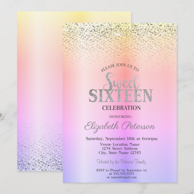 Elegant Modern Ombre, Confetti Sweet 16 Einladung (Vorne/Hinten)