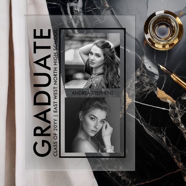 Elegant Modern Photo Graduation Announcement Acryleinladungen (Modern Clear Acrylic Graduation Announcement with Editorial Vertical Photo Layout)