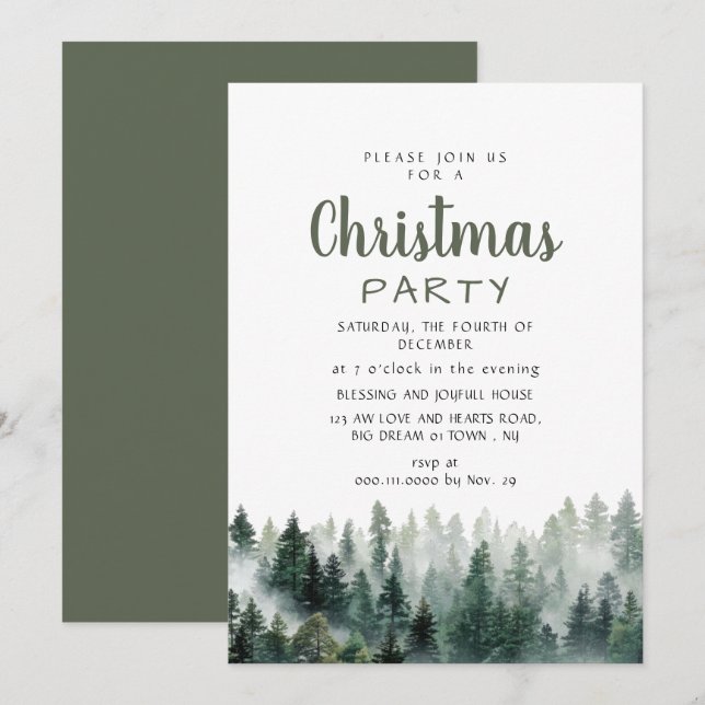 Elegant Modern Pine Forest Christmas Party Einladung (Vorne/Hinten)