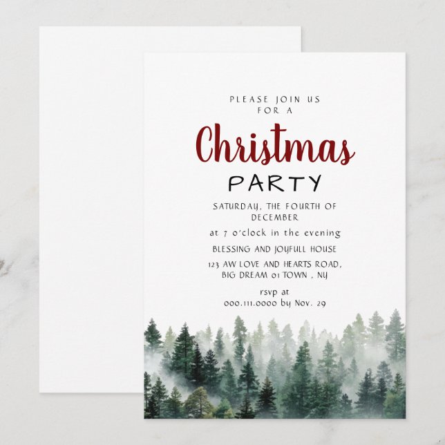 Elegant Modern Pine Forest Christmas Party Einladung (Vorne/Hinten)