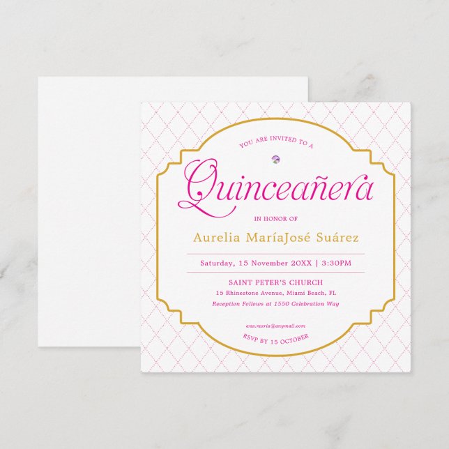 Elegant Modern Pink Gold Quinceñera Einladung (Vorne/Hinten)
