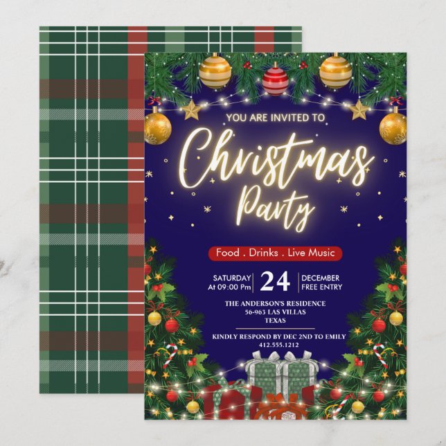 Elegant Modern Plaid Green Christmas Party  Einladung (Vorne/Hinten)