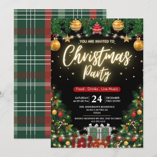 Elegant Modern Plaid Green Christmas Party  Einladung (Vorne/Hinten)