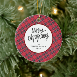 Elegant Modern Red Plaid Christmas Family Photo Keramik Ornament
