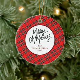 Elegant Modern Red Plaid Christmas Family Photo Keramik Ornament