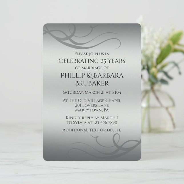 Elegant Modern Silver 25th Wedding Anniversary Einladung (Stehend Vorderseite)