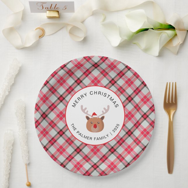 Elegant Modern Tartan Plaid Christmas Family Pappteller (Hochzeit)