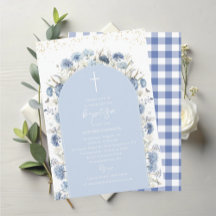 Elegant Modern Watercolor Blue Flowers Baptism