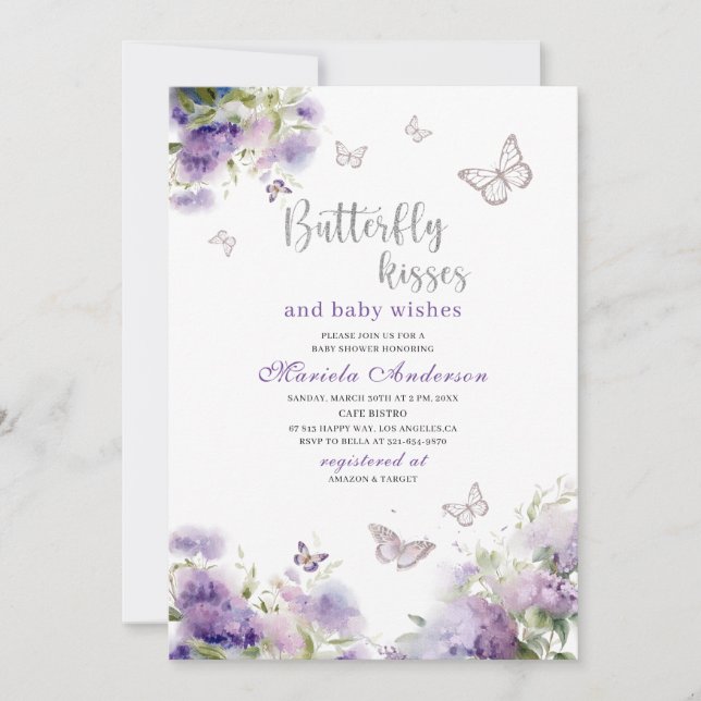 Elegant Modern Watercolor Butterfly kisses Baby S Einladung (Vorderseite)