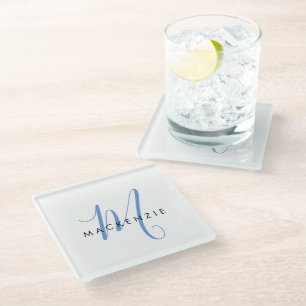 Elegant Modern White Blue Script Monogram Glasuntersetzer