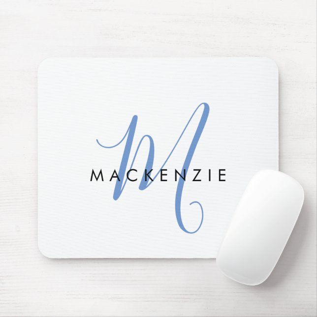 Elegant Modern White Blue Script Monogram Mousepad (Mit Mouse)