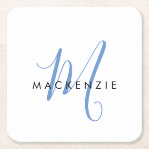 Elegant Modern White Blue Script Monogram Rechteckiger Pappuntersetzer
