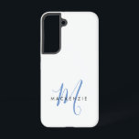 Elegant Modern White Blue Script Monogram Samsung Galaxy Hülle<br><div class="desc">Elegant Modernes White Blue Script Monogram Phone Case. Ein elegantes blaues Skript-Monogramm kombiniert mit einem sauberen schwarzen San-Serif-Schriftart verleiht dem Ganzen einen zeitgemäßen Look.</div>