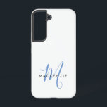 Elegant Modern White Blue Script Monogram Samsung Galaxy Hülle<br><div class="desc">Elegant Modernes White Blue Script Monogram Phone Case. Ein elegantes blaues Skript-Monogramm kombiniert mit einem sauberen schwarzen San-Serif-Schriftart verleiht dem Ganzen einen zeitgemäßen Look.</div>