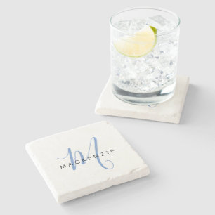 Elegant Modern White Blue Script Monogram Steinuntersetzer