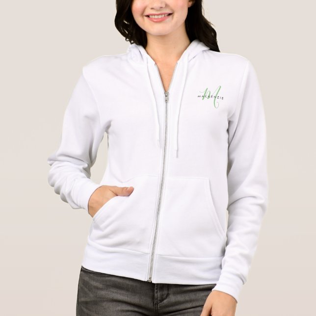 Elegant Modern White Green Script Monogram Hoodie (Vorderseite)