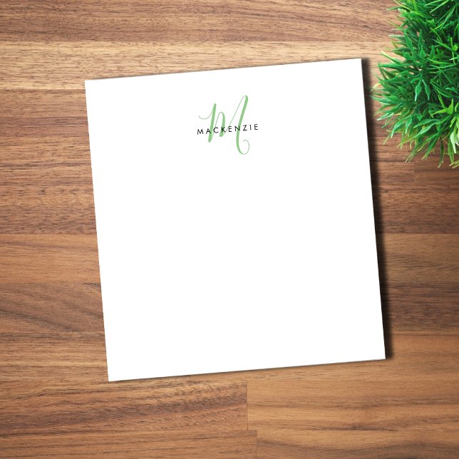 Elegant Modern White Green Script Monogram Notizblock (Von Creator hochgeladen)