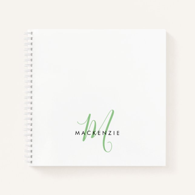 Elegant Modern White Green Script Monogram Notizbuch (Vorderseite)