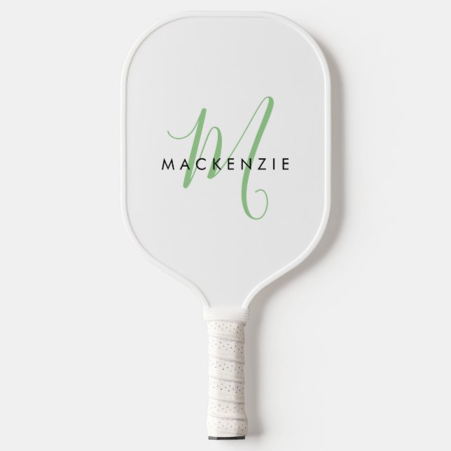 Elegant Modern White Green Script Monogram Pickleball Schläger (Vorderseite)