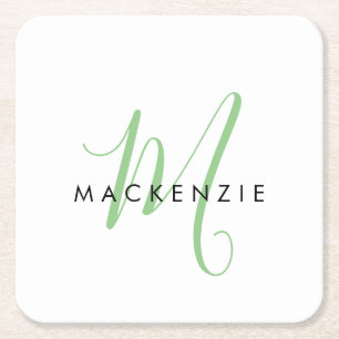 Elegant Modern White Green Script Monogram Rechteckiger Pappuntersetzer