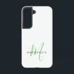 Elegant Modern White Green Script Monogram Samsung Galaxy Hülle<br><div class="desc">Elegant Modern White Green Script Monogram Phone Case. Ein elegantes,  grünes Skript-Monogramm kombiniert mit einem sauberen schwarzen San-Serif-Schriftart sorgt für ein zeitgemäßes Aussehen.</div>