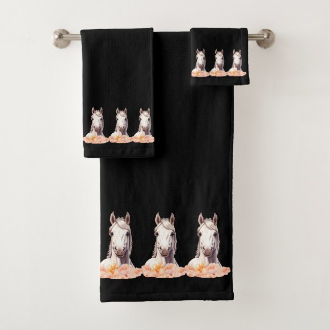 Elegant, Modern White Horses with Flowers on Black Badhandtuch Set (Insitu)