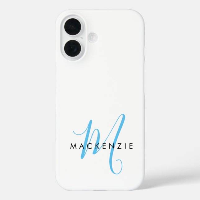 Elegant Modern White Sky Blue Script Monogram iPhone 16 Hülle (Rückseite)
