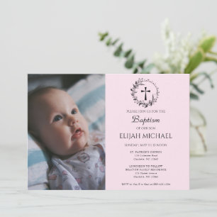 Élégant moderne bébé rose Baptême Invitation