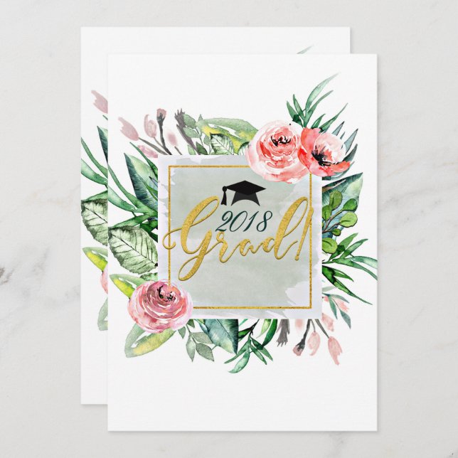 Élégant Moderne Floral Graduation Invitations Grad (Devant / Derrière)