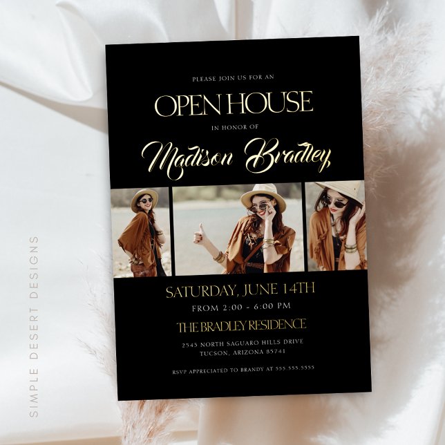 Elégant Moderne Gold Foil Graduation Invitation (Modern Black Graduation Invitation with Gold Foil Script and Simple Typography)