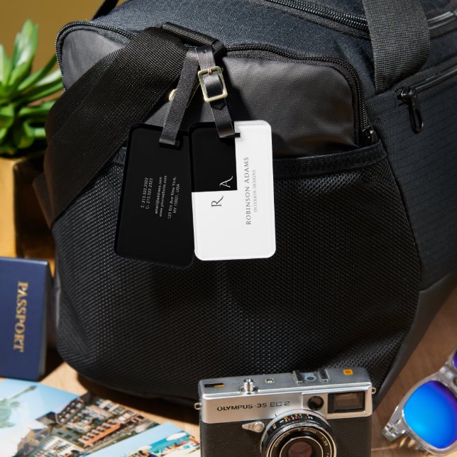 Elegant Moderne Half Schwarz Halbweiß Mit Monogram Gepäckanhänger (Vorderseite & Rückseite)