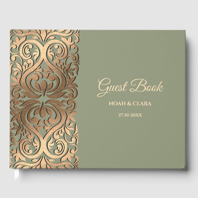 Elegant Moderne Hochzeit Grün & Gold Luxus Gästebuch (Vorderseite)
