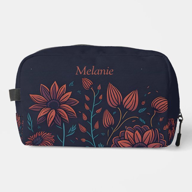 Elegant Moderne Rot und Blau Blumen Personalisiert Waschbeutel (Vorderseite)