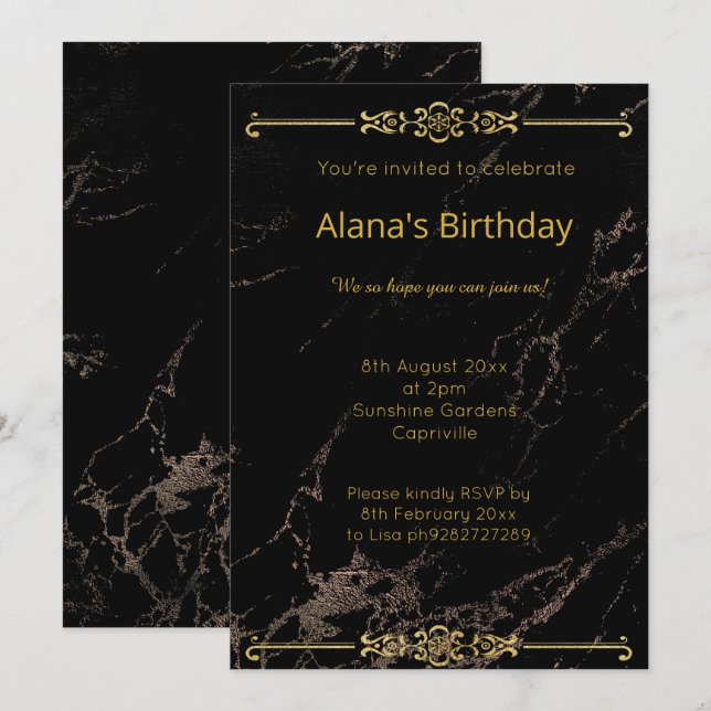 ELEGANT MODERNE SCHWARZE GOLD MARBLE GRENZE EINLADUNG (Vorne/Hinten)