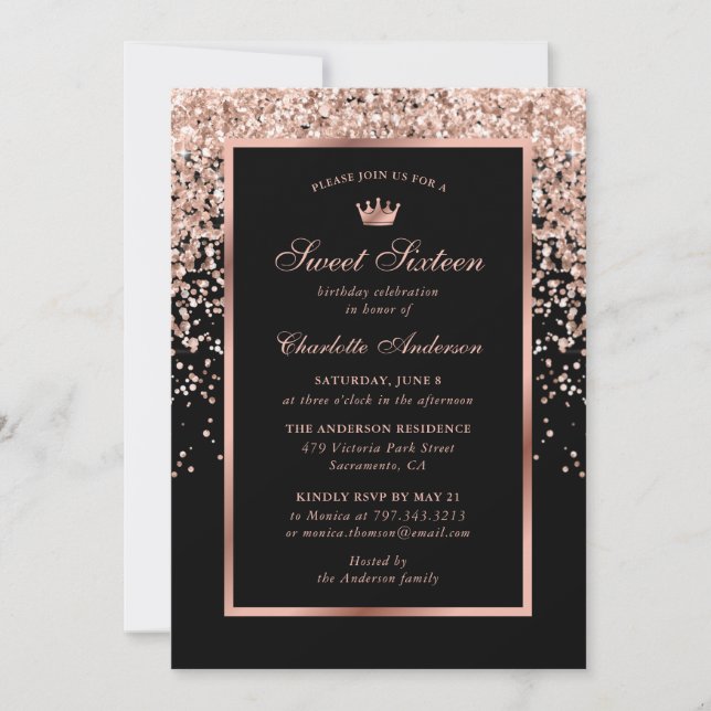 Elegant Moderne Schwarze Rose Gold Sweet 16 Geburt Einladung (Vorderseite)