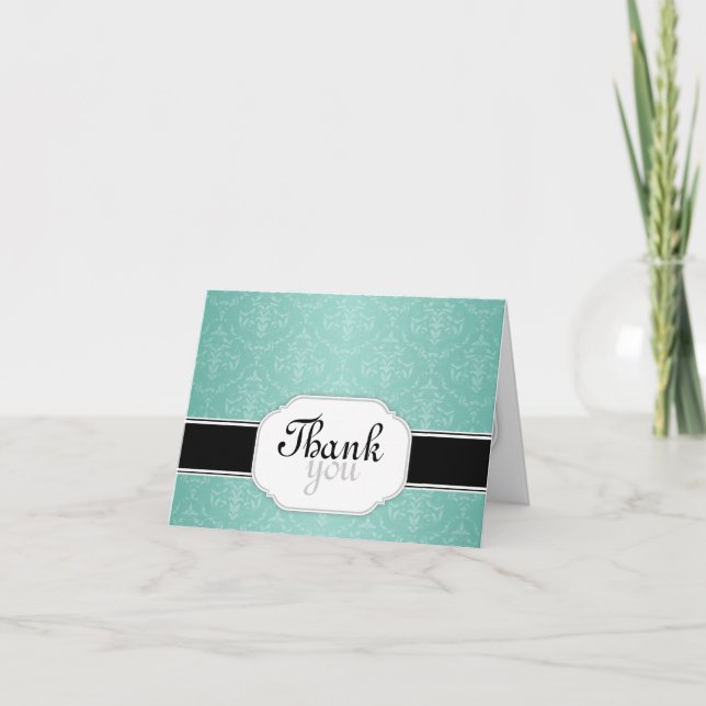 Elégant Moderne Turquoise Damask Merci Cartes (Devant)