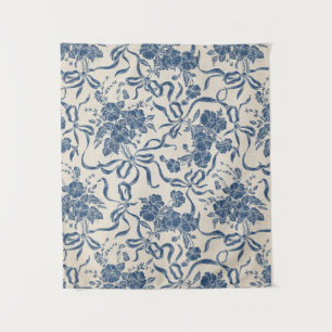 Elegant Moderne Vintage Elfenbein Marineblau Blume Wandteppich