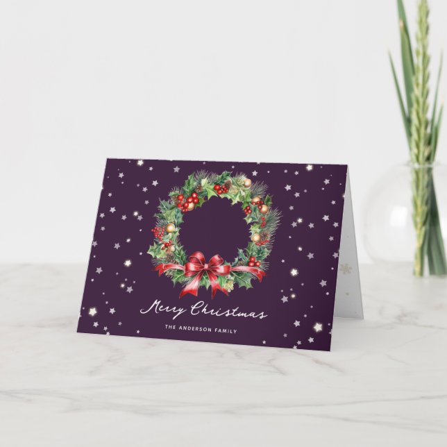 Elegant Moderner Kranz Lila Foto Frohe Weihnachten (Vorderseite)