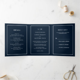 Elegant Modernes Blaues Monogramm Einfache Hochzei Dreifach Gefaltete Einladung