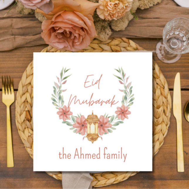 Elegant Modernes Blumenegel Mubarak Name Rosa Weiß Serviette (Add these elegant, modern, floral wreath "Eid Mubarak" paper napkins to your holiday entertaining!)