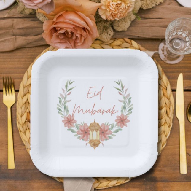 Elegant Modernes Blumengestein Mubarak Rosa Weiß Pappteller (Add modern elegance to your Eid table with these fresh floral wreath "Eid Mubarak" paper plates! )