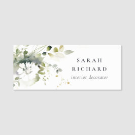 Elegant Modernes Boho Abstrakt grüne weiße Blüte Namensschild